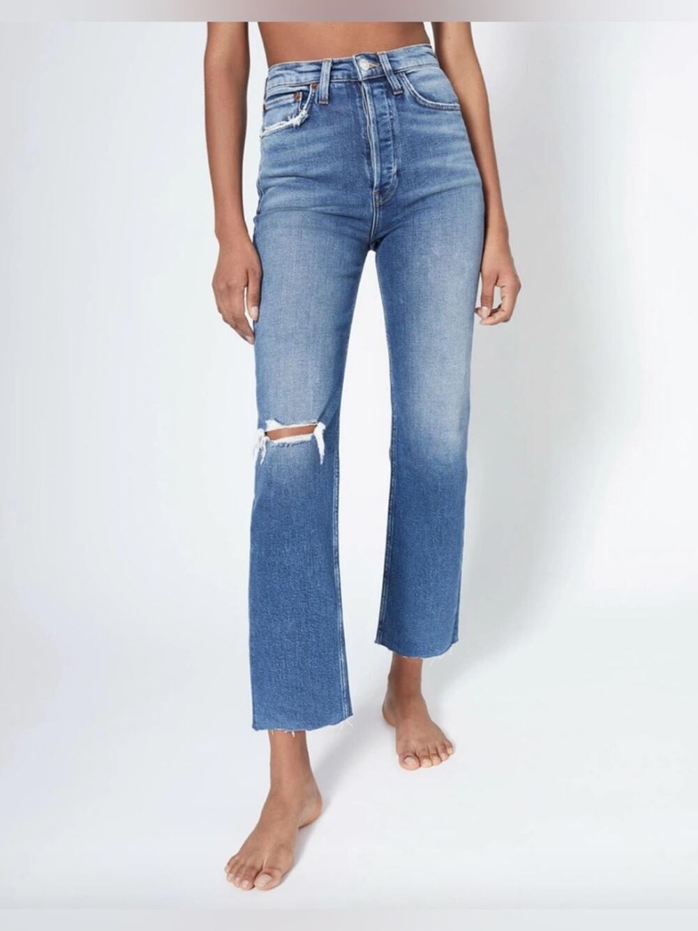 Re/Done 70’s Ultra High Rise Stove Pipe Fray Straight Leg Jeans Size 27
